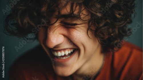 Close-up of person laughing at silly moment with animated expression in casual environment capturing genuine amusement joy comic relief and inspiring lighthearted human spirit concept