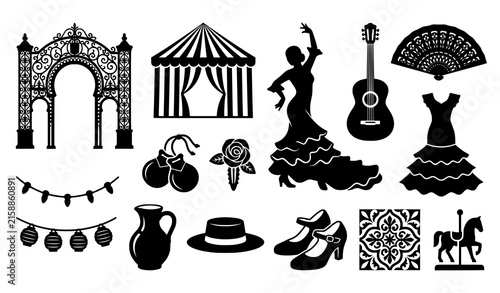 Flamenco Spanish festival black vector symbols with fan guitar castanets dress and cultural elements