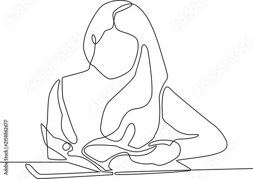 Obraz na płótnie Minimalist one line illustration of a student reading an open book, representing education, learning, knowledge, academic study and reading