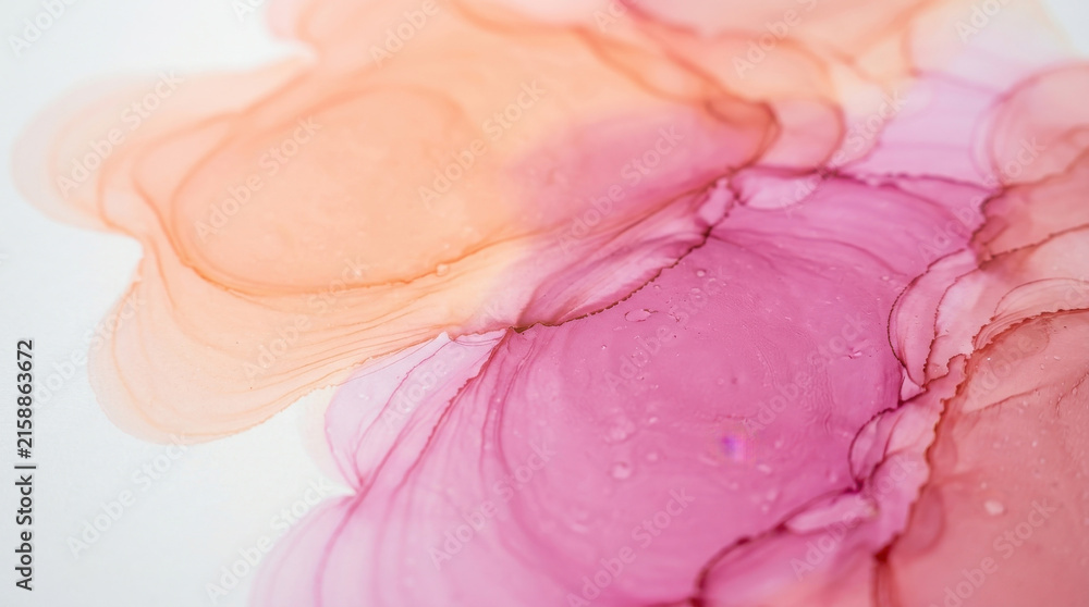 Fototapeta premium Abstract alcohol ink background, ethereal pink and orange watercolor texture, fluid marble art for luxury branding design
