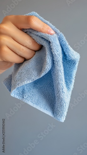 Person holding blue microfiber cloth for efficient dusting and surface cleaning tasks in home and professional environments