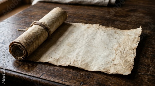 Ancient blank parchment scroll unrolled on a dark wooden table.