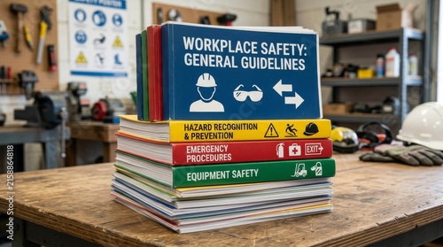 Stack of workplace safety manuals on a workbench in a workshop.