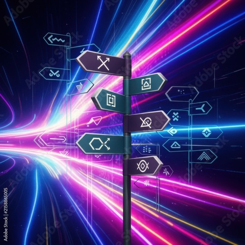 Digital Crossroads Directions In Cyberspace With Futuristic Symbols Guiding Choices