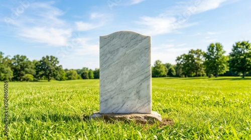 Blank white marble tombstone standing in a sunny green cemetery field.