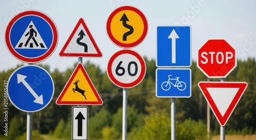 Diverse Collection Of Road Traffic Signs Mounted On Poles