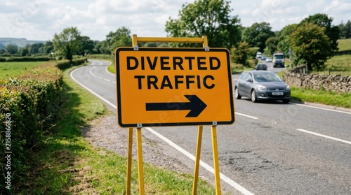 Diverted Traffic Sign Amidst Scenic Rural Roadway