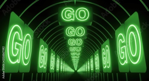 Dizzying Neon Tunnel Of Repeated 'Go' Signs Illuminated In Vibrant Green Light