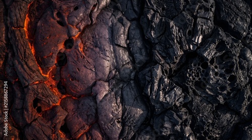 Cracked Black Volcanic Lava Texture Surface with Red Glowing Heat Seams and Fissures