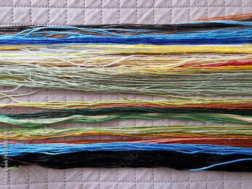 Colorful embroidery floss skeins arranged on a quilted fabric surface