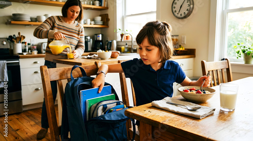 Young boy preparing backpack for school while mother prepares breakfast in kitchen setting with backpack breakfast education preparation notebook learning