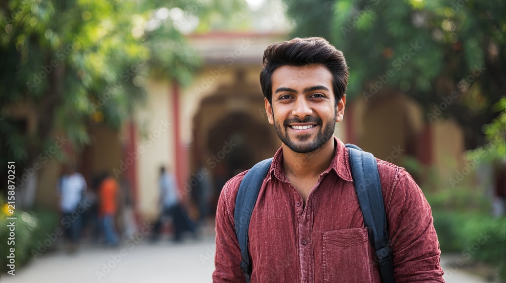 Obraz premium Handsome young indian man with a backpack smiling brightly while standing outdoors on a beautiful sunny day in early autumn