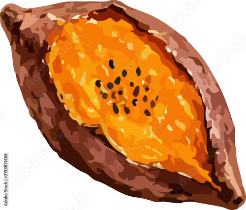 Baked sweet potato with bright orange flesh, dark skin, and black sesame seeds topping, isolated on a white background
