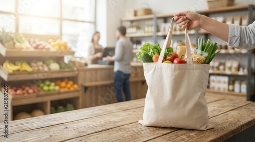 Fresh Groceries in Reusable Cloth Bag at Farmers Market or Grocery Store