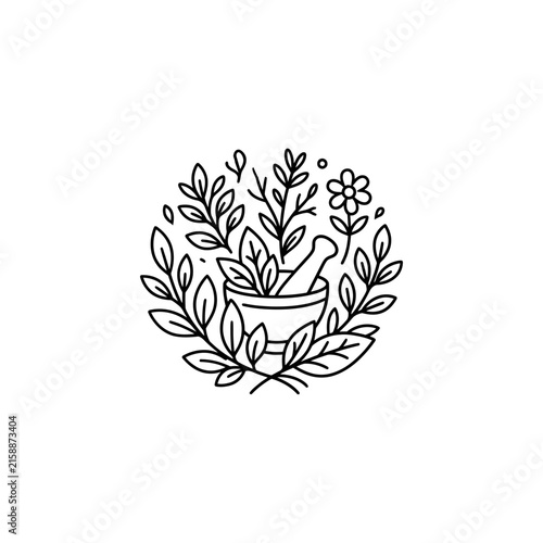 Botanical mortar and pestle icon within leaves.