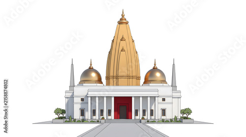 Digital illustration of an ornate white and gold domed temple with pillared entrance, isolated on a plain white background. Represents religious architecture and spiritual heritage. Ideal for religion