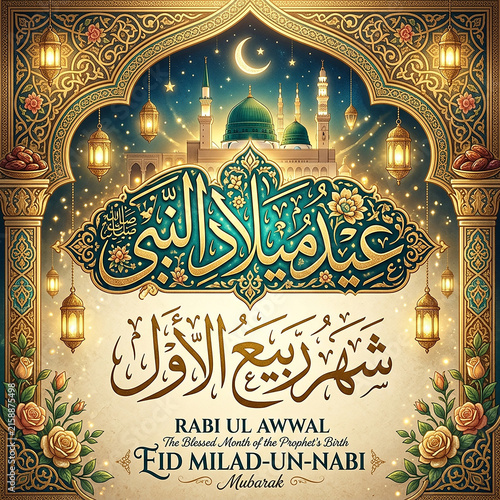 Elegant Arabic calligraphy celebrating Rabi ul Awwal with Islamic art and golden mosque illustration