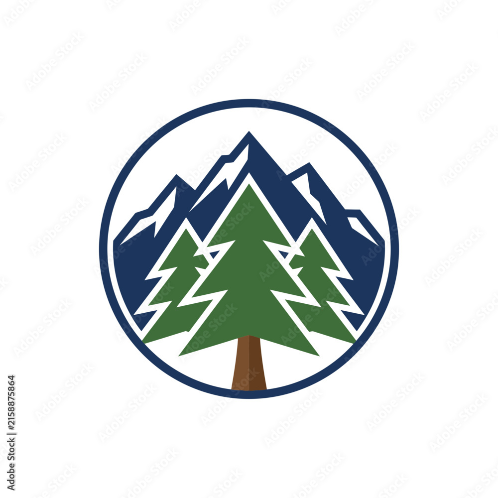 Obraz premium Circular mountain and pine tree nature logo.
