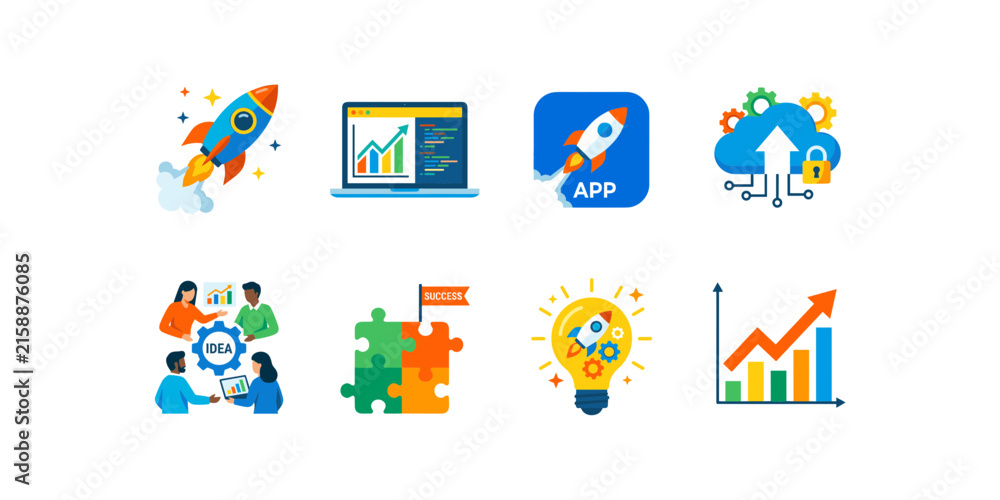 Fototapeta premium Colorful Startup and Business Innovation Icon Set Featuring Rocket Launch App Development Cloud Technology Teamwork Ideas Success and Growth