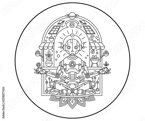 Futuristic robot coloring page, zen cyborg meditating in lotus pose, intricate line art of a robotic gardener in a greenhouse