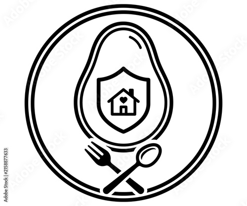 Minimalist avocado line art icon, healthy home cooking symbol with shield and house, organic food delivery logo
