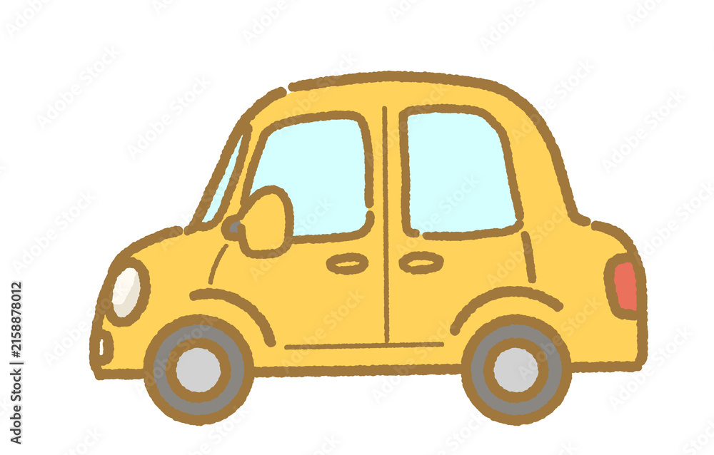 Fototapeta premium 黄色くて丸っこい黄色の軽自動車のシンプル手描きイラスト 挿絵に使える車イラスト