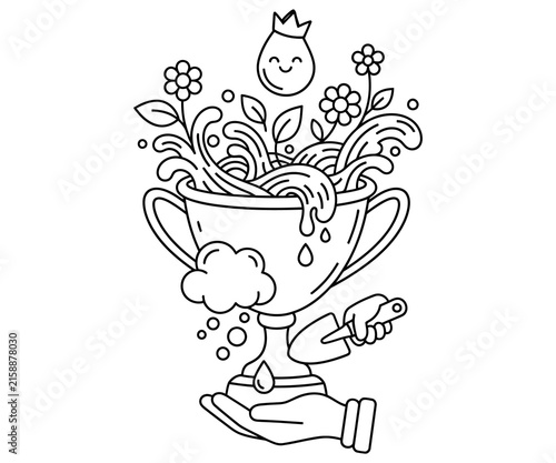 Minimalist line art trophy illustration, garden flowers growing in winner cup, hand holding award with gardening tools