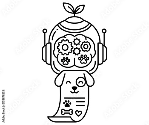 Minimalist robot dog icon, artificial intelligence pet care concept, futuristic line art of robotic puppy with gears and digital brain