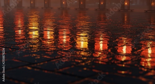 Warm glowing lights reflected on dark rippling water surface at night.