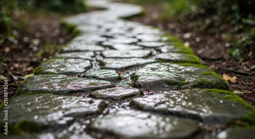 Wet Stone Pathway Through Lush Green Garden Moss.