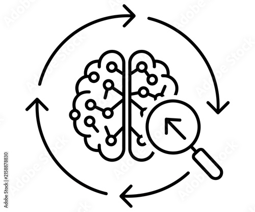 Artificial intelligence brain icon with magnifying glass, digital neural network process, machine learning and data analysis concept