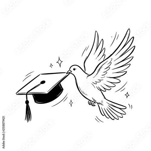 A black and white line drawing of a dove in flight carrying a graduation cap in its beak representing academic success and freedom