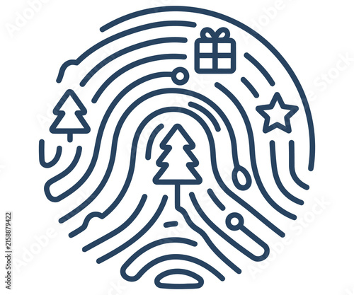 Christmas fingerprint icon with pine trees and gift box, festive holiday thumbprint graphic, winter season identity concept