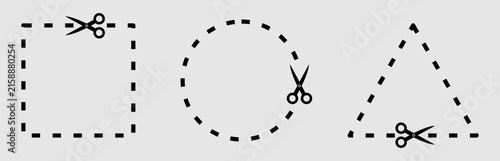 Konstfotografi Set of dashed cut line geometric shape vector icons with scissors isolated on ba