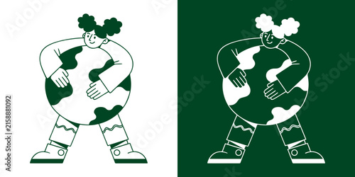 Girl Hugging Earth. Hand Drawn Line Art Illustration. Save The Planet Earth Day Concept.