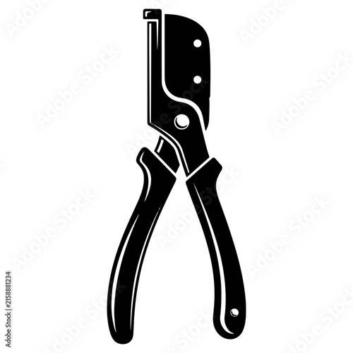 A black and white silhouette of a metal hole puncher tool, isolated on a white background, for office or, craft supplies