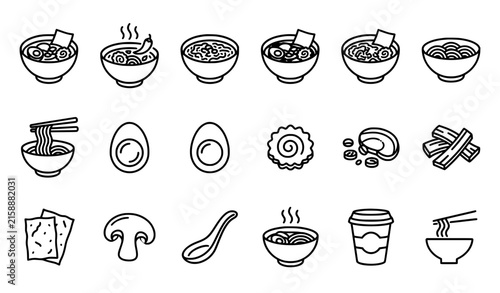 Ramen Icons Set – Outline Japanese Food Vector Icons for Web Design