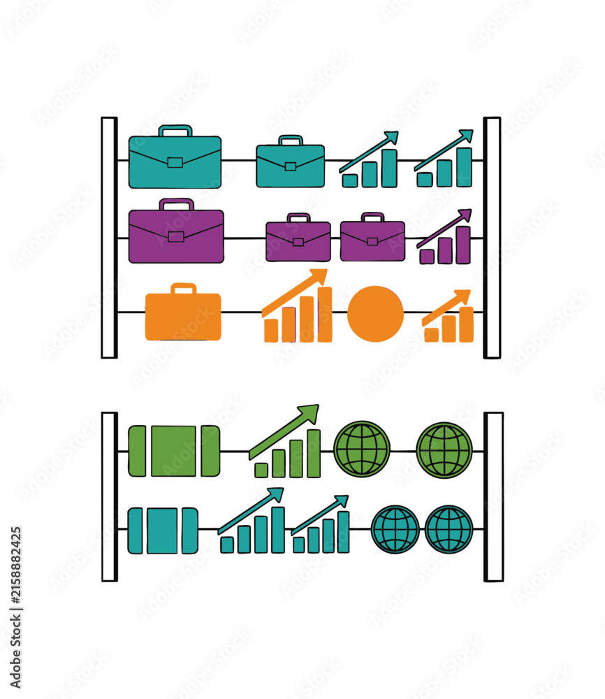 Obraz premium Abstract abacus illustration featuring business icons and financial growth charts for corporate strategy analysis.