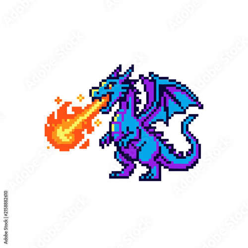 Blue pixel art dragon breathing fire flame.