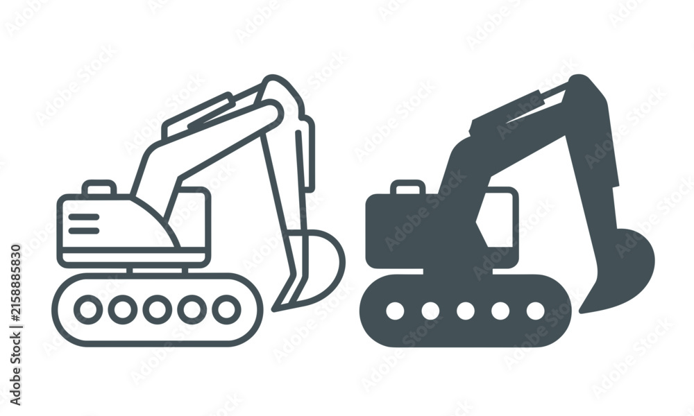 Naklejka premium Excavator icon set, construction machinery symbols, heavy equipment outline and solid silhouettes isolated vector