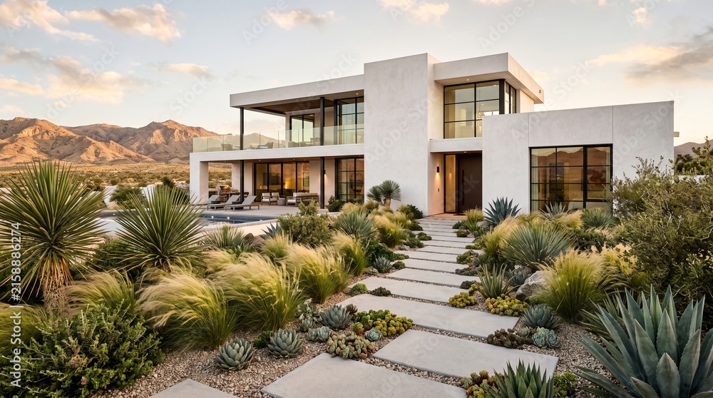 Fototapeta premium Beautiful modern residential real estate property with an exotic garden and contemporary architecture.