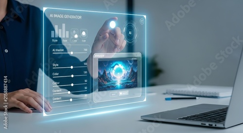 Professional designer using futuristic ai image generator interface on laptop screen