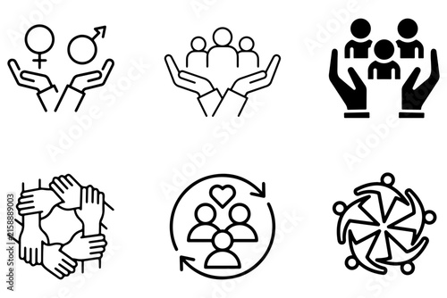 Social inclusion and equity icon set showing support, safety, diversity, teamwork, and community care.