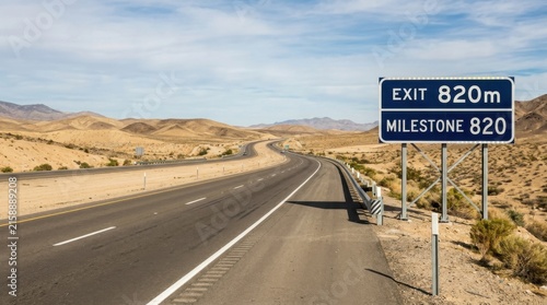 Desert Highway Milestone Sign In Barren Landscape Under Sunny Sky