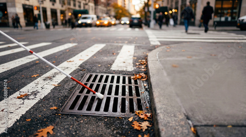 Obraz na płótnie White Cane Caught in Street Drain Grate Representing Accessibility Hazard
