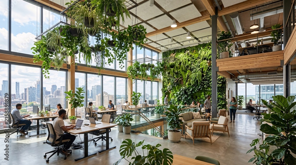 Obraz premium Bright spacious modern corporate office interior integrates beautifully with lush green hanging plants and vertical eco-friendly gardens.