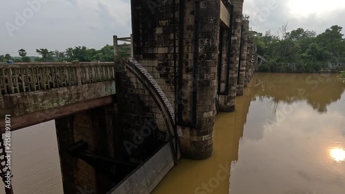 A close view of the river barrage in West Bengal, India. Agriculture and waterways concepts