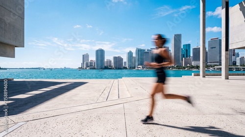 Woman Jogging at Modern Waterfront Plaza with City Skyline