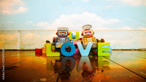 LOVE word wooden letters and robot toys 