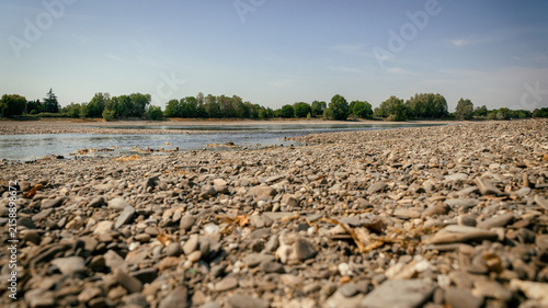 Extremes Niedrigwasser am Rhein mit großflächig freiliegendem, trockenem Flussbett als Symbol für Dürre, Wasserknappheit und Folgen des Klimawandels in Deutschland.